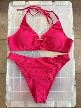 Hot Pink Ribbed Halter Bikini Set with Heart Ring Detail